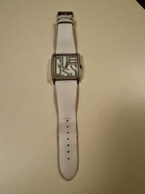 GUESS White Leather Strap Watch | Silver Square Face Rhinestone Statement Watch